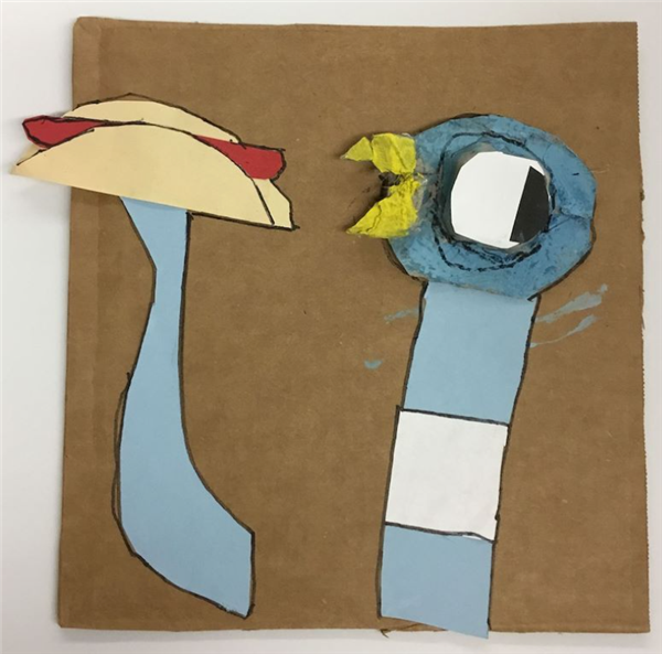 This is an image of a mixed-media portrait of a student's favorite book character using cardboard, egg cartons, hot glue, paint, and permanent marker. This image is of Pigeon from the Mo Willems books.